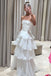 Strapless White Long Prom Dress With Pleated Layers, White Evening Gown