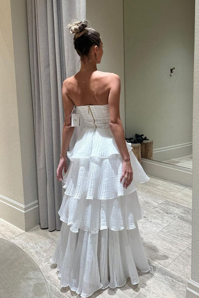 Strapless White Long Prom Dress With Pleated Layers, White Evening Gown