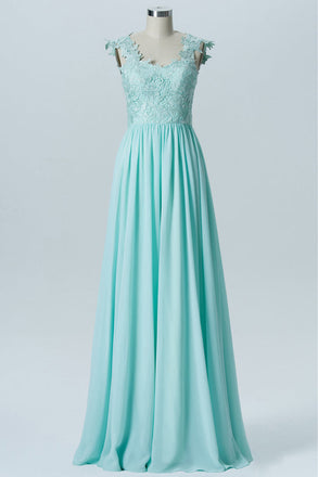 V Neck Mine Blue A Line Chiffon Long Bridesmaid Dress With Sleeveless