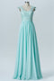 V Neck Mine Blue A Line Chiffon Long Bridesmaid Dress With Sleeveless