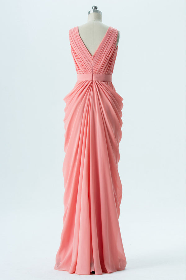 V Neck Coral Chiffon Ruched Long Bridesmaid Dress With Ruched