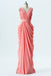 V Neck Coral Chiffon Ruched Long Bridesmaid Dress With Ruched