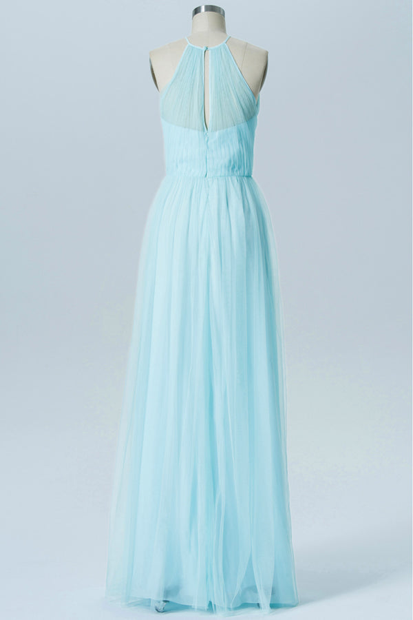 Light Blue Cutout Back Tulle Long Bridesmaid Dress With Halter