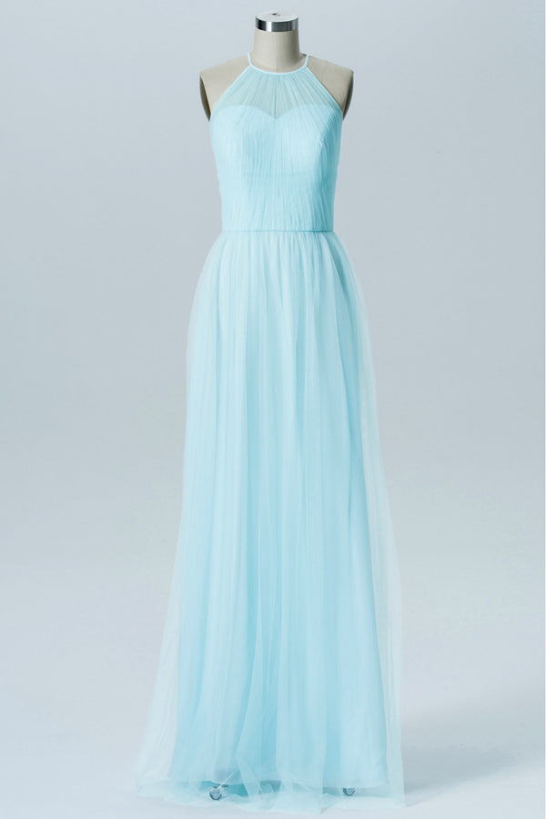 Light Blue Cutout Back Tulle Long Bridesmaid Dress With Halter