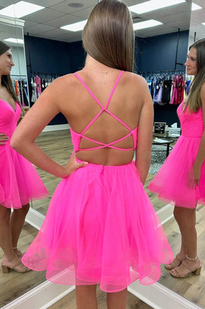 Straps Hot Pink Tulle Short Homecoming Dress V Neck Party Dress