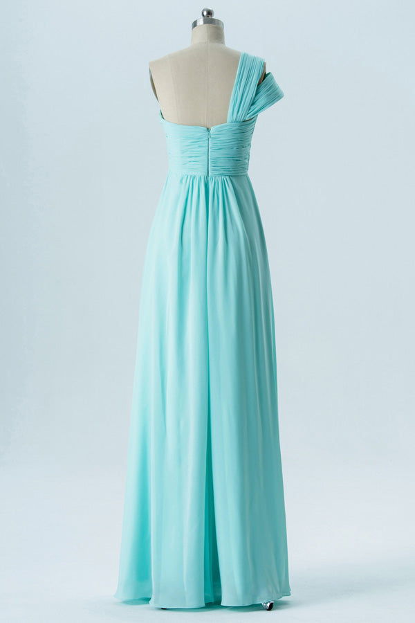 Pretty Mint Blue One Shoulder A Line Long Bridesmaid Dress