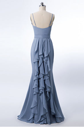 Spaghetti Straps Dusty Blue Chiffon Long Bridesmaid Dress With Pleated