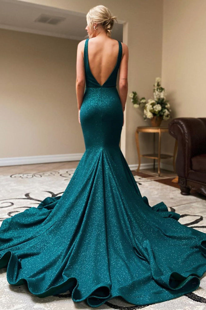 Mermaid Dark Teal Long Formal Dress With Sequin, Slit V Neck Prom Dress