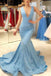 Mermaid Dark Teal Long Formal Dress With Sequin, Slit V Neck Prom Dress