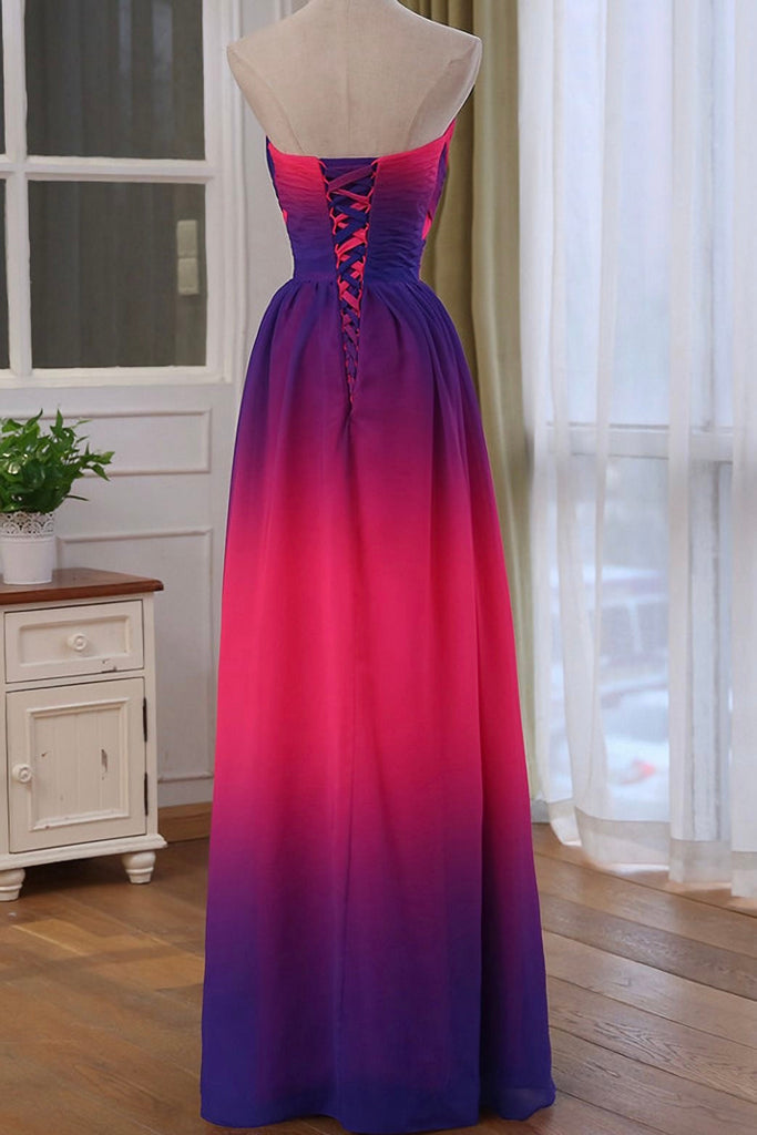 Strapless Fuchsia Pink Ombre A Line Long Prom Evening Dress With Beaded