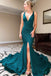 Mermaid Dark Teal Long Formal Dress With Sequin, Slit V Neck Prom Dress
