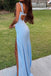 Simple Light Blue Straps Party Gown With Split, Mermaid Long Prom Dress