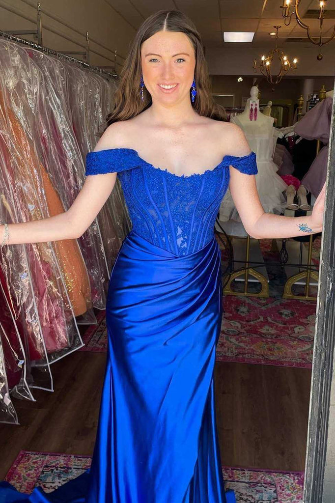 A Line Royal Blue Satin Mermaid Ruffles Long Prom Dress With Applique