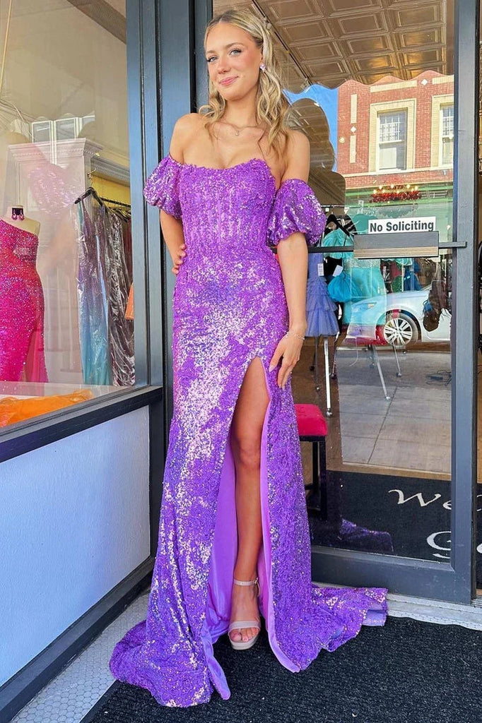 Sparkly Purple Mermaid Long Prom Dress With Slit, Trumpet Formal Gown