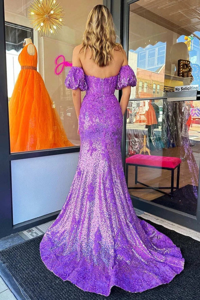 Sparkly Purple Mermaid Long Prom Dress With Slit, Trumpet Formal Gown