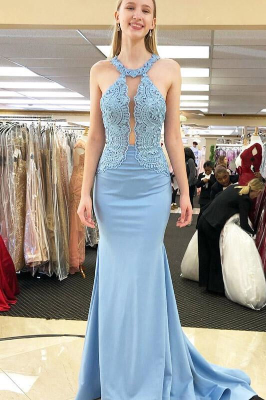 Unique Sky Blue Mermaid Lace Prom Dress, Halter Long Formal Dress