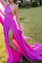 One Shoulder Hot Pink Chiffon Long Prom Evening Dress With Slit