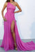 One Shoulder Hot Pink Chiffon Long Prom Evening Dress With Slit