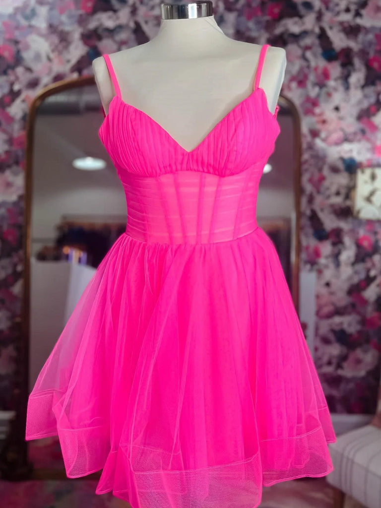 Straps Pink A Line Short Homecoming Dress V Neck Black Prom Dress