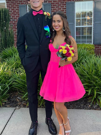 Straps Pink A Line Short Homecoming Dress V Neck Black Prom Dress