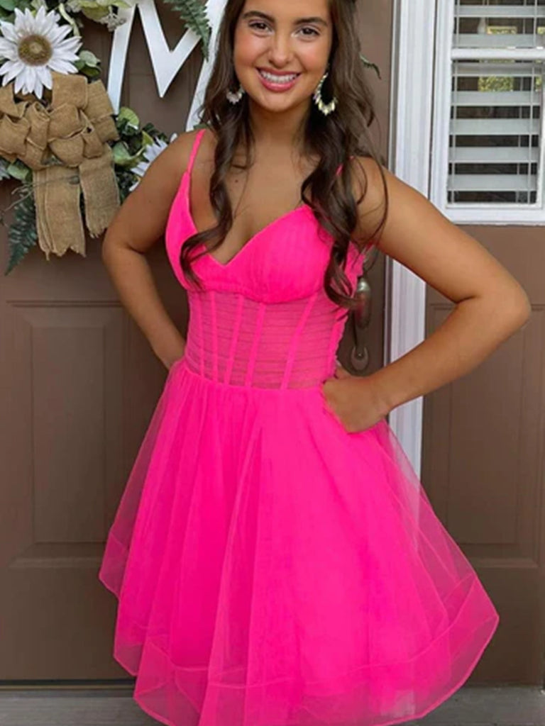Straps Pink A Line Short Homecoming Dress V Neck Black Prom Dress
