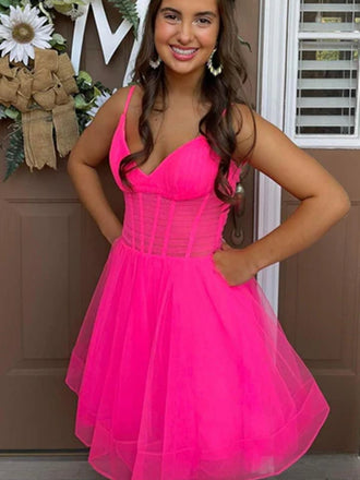 Straps Pink A Line Short Homecoming Dress V Neck Black Prom Dress