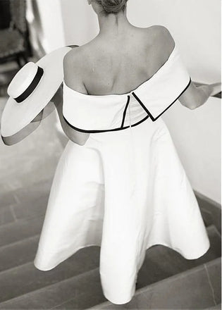 Off the shoulder A-Line Tea Length Bridal Gown Satin Wedding Dress