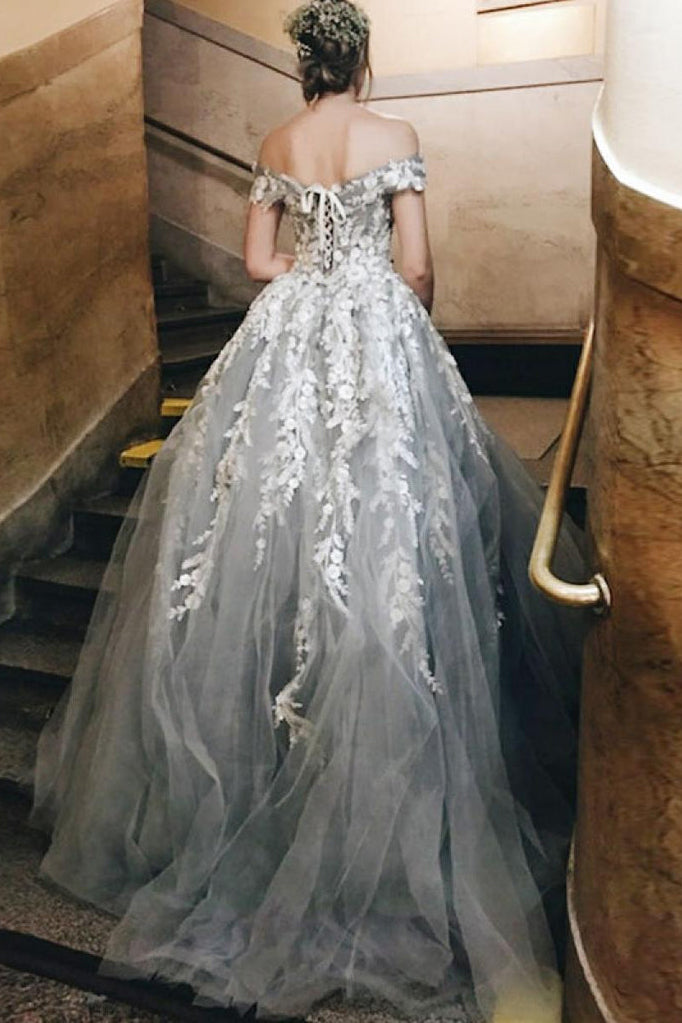 Off the shoulder Silver A Line Appliques Ball Gown Tulle Wedding Dresses