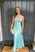 Spaghetti Straps Blue Simple A Line Long Evening Prom Dress With Slit