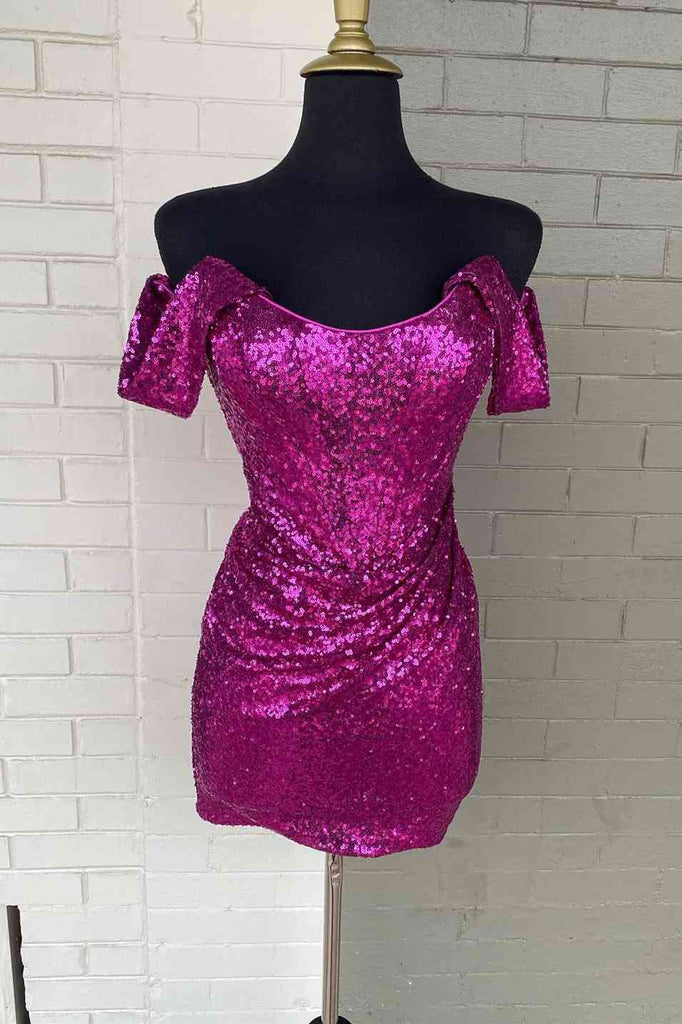 Shiny Fuchsia Off the shoulder Mini Homecoming Dress With Sequins