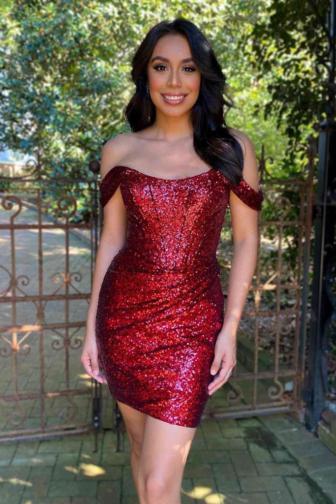 Shiny Fuchsia Off the shoulder Mini Homecoming Dress With Sequins