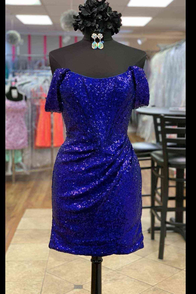 Shiny Fuchsia Off the shoulder Mini Homecoming Dress With Sequins