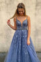 Straps Blue A Line V Neck Tulle Sleeveless Long Prom Evening Dress