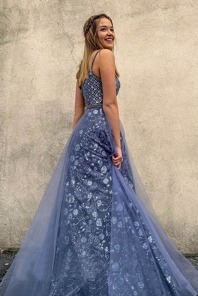 Straps Blue A Line V Neck Tulle Sleeveless Long Prom Evening Dress
