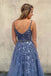 Straps Blue A Line V Neck Tulle Sleeveless Long Prom Evening Dress