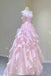 Elegant Pink Strapless A Line Backless Organza Long Prom Dress With Floral