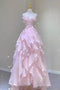 Elegant Pink Strapless A Line Backless Organza Long Prom Dress With Floral