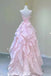 Elegant Pink Strapless A Line Backless Organza Long Prom Dress With Floral