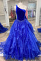 Ruffles Royal Blue One Shoulder Tulle Long Prom Dress With Beaded