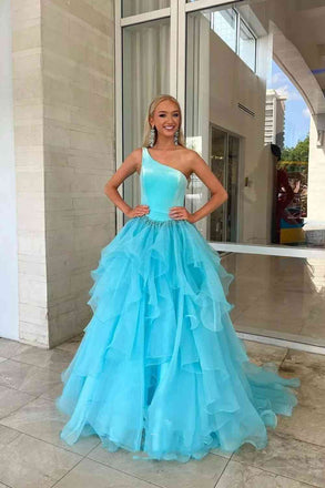 Ruffles Royal Blue One Shoulder Tulle Long Prom Dress With Beaded