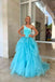 Ruffles Royal Blue One Shoulder Tulle Long Prom Dress With Beaded