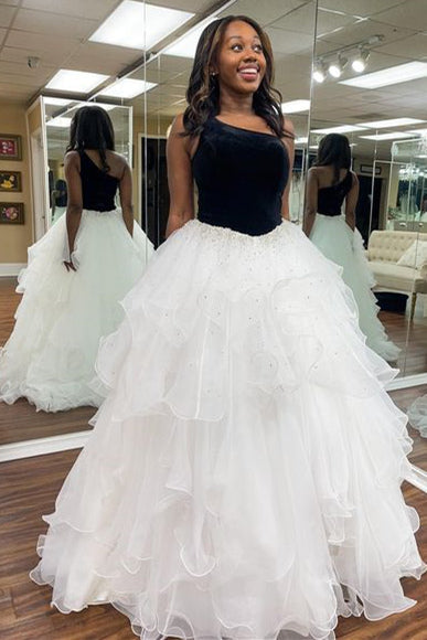 Ruffles Royal Blue One Shoulder Tulle Long Prom Dress With Beaded