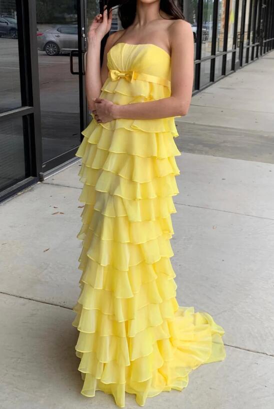 Unique Yellow A-line Strapless Chiffon Long Prom Dress With Ruffles
