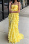 Unique Yellow A-line Strapless Chiffon Long Prom Dress With Ruffles