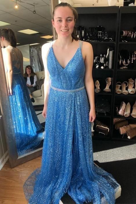 Straps Sky Blue V neck Long Prom Dress Wtih Sequin, Evening Party Gowns