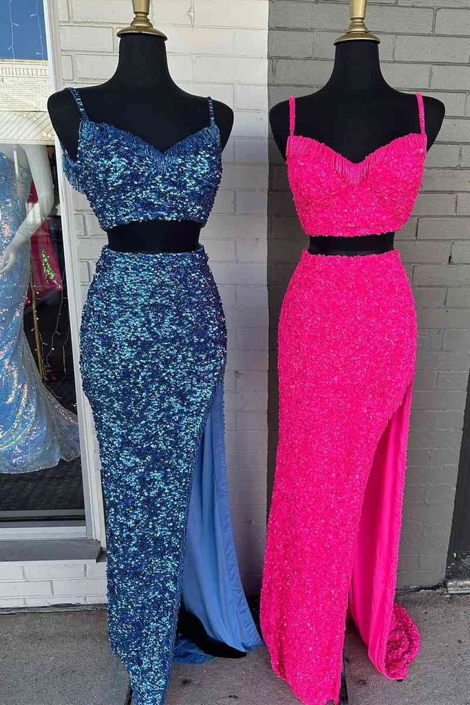 Straps Two Pieces Mermaid V Neck Slit Long Prom Dress With Sequins