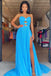 Sweetheart Blue Slit Chiffon Keyhole Long Prom Dress With Beaded Pleated