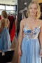 Spaghetti Straps Blue Party Dress With Floral Embroidery, Princess Prom Gown