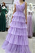 V Neck Lilac Sleeveless Tulle Tiered A Line Long Prom Dress With Ruffles