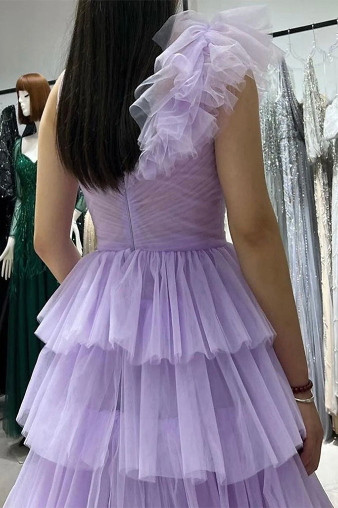 V Neck Lilac Sleeveless Tulle Tiered A Line Long Prom Dress With Ruffles